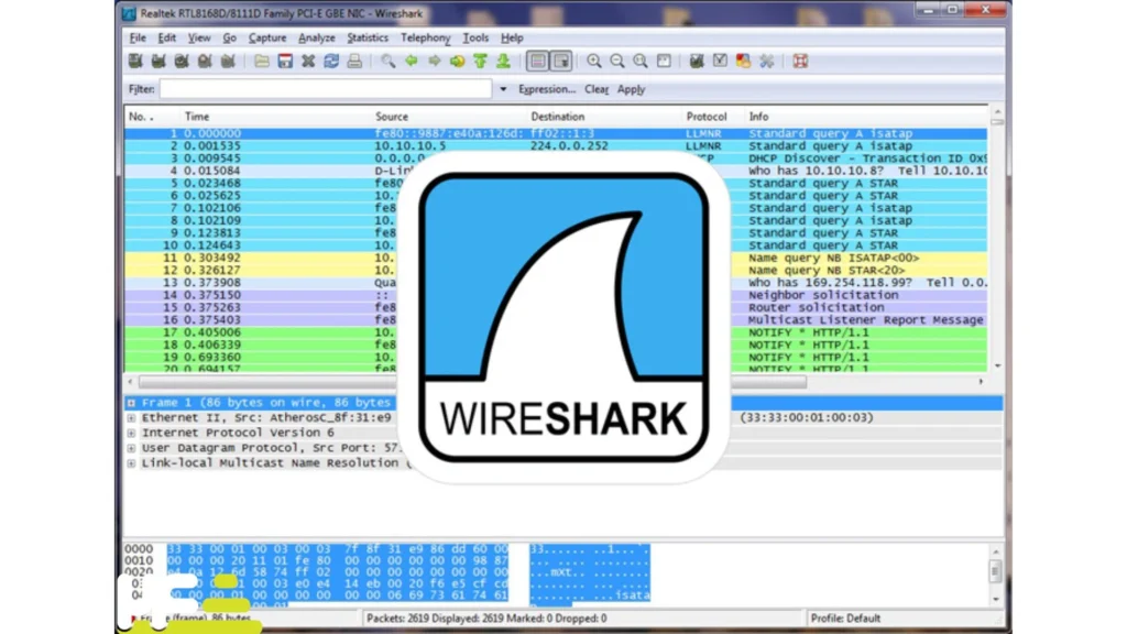 تصویری از یک رابط کاربری نرم‌افزار تحلیل ترافیک شبکه مانند Wireshark، که نمایش گرافیکی بسته‌های اطلاعاتی را نشان دهد، مفید خواهد بود.